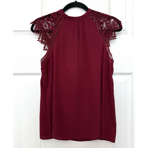 Express Tops - Express Sleeveless Blouse Womens XS Burgundy Crochet Lace High Neck Keyhole Back